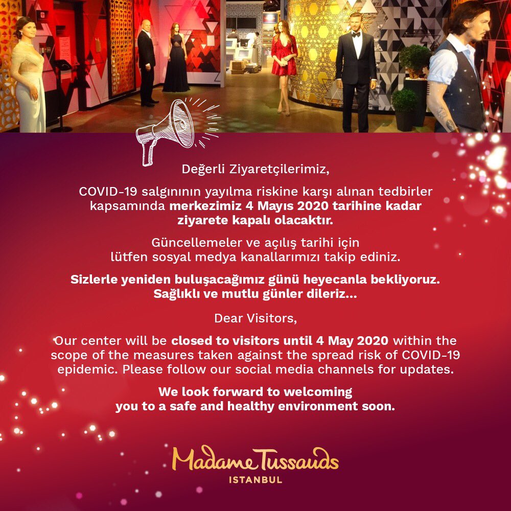 mt_istanbul's tweet photo. Değerli Ziyaretçilerimizin Dikkatine...#madametussaudsistanbul #EvdeKal https://t.co/qCSxJhcagG