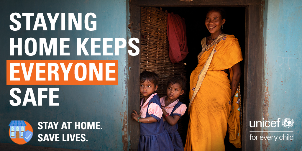 UNICEFIndia's tweet photo. Staying at home could keep you safe from #COVID19. But it isn't just about you.

Your responsible action today will make every grandparent, newborn, doctor and nurse a little bit safer. Stay in your house!

Thank you for doing your part to keep everyone safe.
#StayAtHomeSaveLives https://t.co/SmLdlCUBpA
