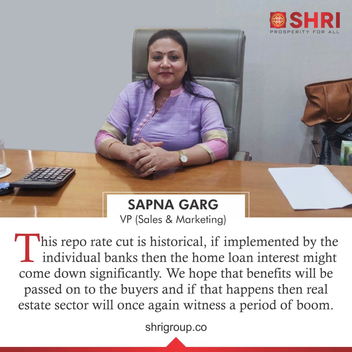 Reduced Policy rates will lower the home loans that will again the sentiments of Developers as well as Home-Buyers. Says Sapna Garg, VP(Sales &amp; Marketing)

#ShriGroup #RealEstate #GreaterNoidaWest #Residential #Home #RBI #RepoRate #HomeLoans