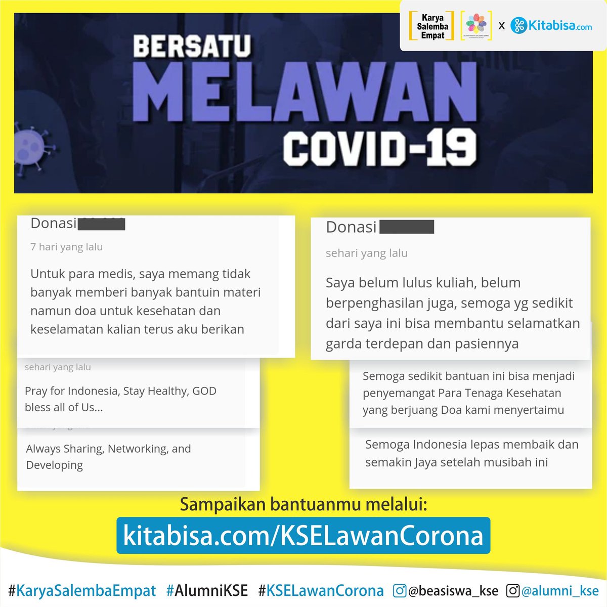 AlumniKSE's tweet photo. Siapa saja bisa menjadi pendukung perjuangan ini.

Perjuangan masih berlanjut. Para tenaga kesehatan masih berjibaku menangani jumlah pasien yang terus meningkat ditengah ancaman virus yg jg dapat menjangkiti mereka

https://t.co/rH1APG0bo9

#BersamaLawanCorona
#AlumniKSE
#KSE https://t.co/PFFaYVhdAg