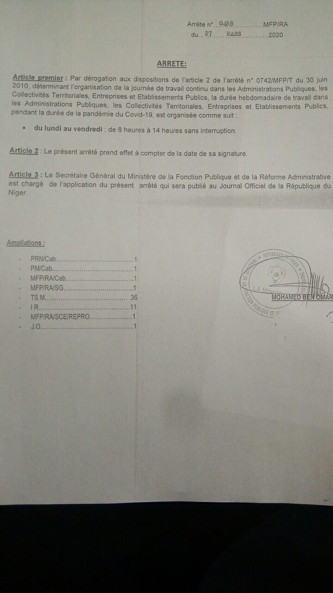 MBOOfficiel's tweet photo. Dérogation faite déterminant l'organisation de la journée de travail dans les Adm. Publiques, les Collectivités Territoriales, Entreprises et Établissements Publics, pendant la durée de la pandémie #COVID19.   Nouvelles horaires 🔽 : 
Du Lundi au Vendredi : 8H - 14H non stop. https://t.co/JYPeoyof2E