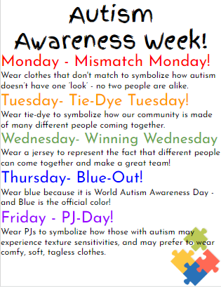 RockyRunMS's tweet photo. Our Peer Helping class, led by Ms. Basl planned a spirit week this week for Autism Awareness. Participate if you are able and Tweet your photos #RRMSTogetherWe Today is MISMATCH MONDAY! https://t.co/dPyvwKku6d