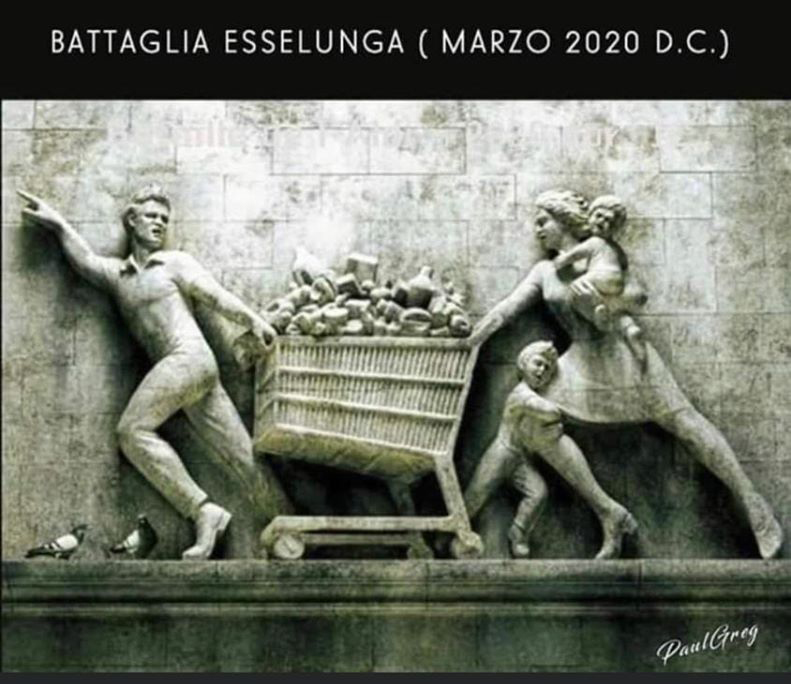 OrgoglioSP's tweet photo. Ecco assalto al #esselunga, immortalato in un bassorilievo, in memoria ad una delle scene che resterà negli occhi di tutti noi che stiamo vivendo questo 2020 colpito dal #coronavirus https://t.co/jkF9uOeXcz