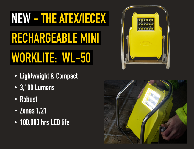 We're proud to announce the launch of our new ATEX/IECEx rechargeable LED Mini Worklite™.  Small, lightweight (9kgs) &amp; easy to carry, its 3,100 lumens light output is the ideal level for smaller confined spaces. For full information, see our website bit.ly/3bp1FID