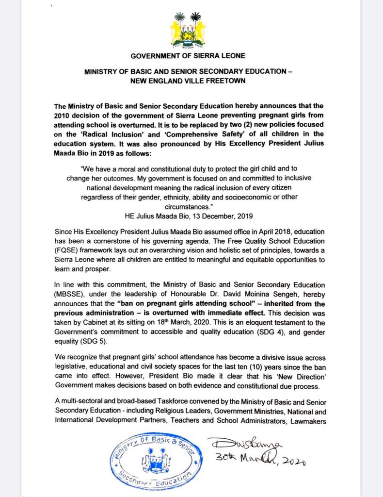 dsengeh's tweet image. @PresidentBio &amp;amp; @MOBSSE_SL has overturned policy implemented by the previous govt in 2010 that prevented pregnant girls from attending school. We&apos;ll replace w/ policies of #RadicalInclusion + #ComprehensiveSafety. #Data4DecisionMaking #SDG4 #SDG5 We&apos;ll transform education in SL