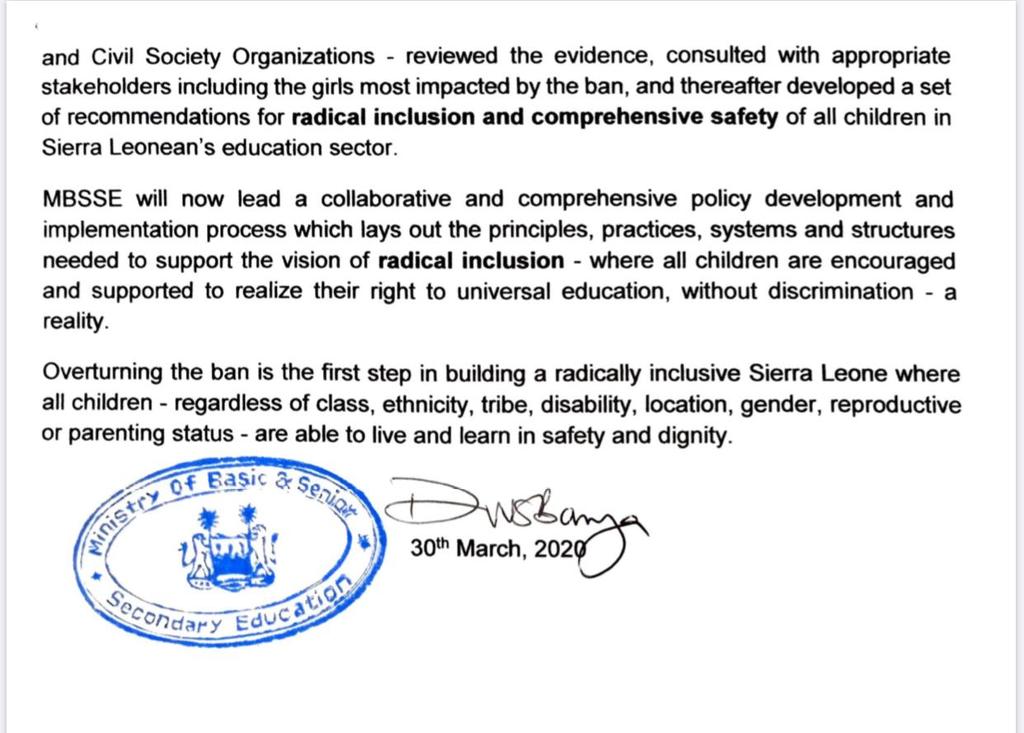 dsengeh's tweet image. @PresidentBio &amp;amp; @MOBSSE_SL has overturned policy implemented by the previous govt in 2010 that prevented pregnant girls from attending school. We&apos;ll replace w/ policies of #RadicalInclusion + #ComprehensiveSafety. #Data4DecisionMaking #SDG4 #SDG5 We&apos;ll transform education in SL
