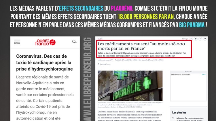 LLP_Le_Vrai's tweet image. Les médias parlent d’effets secondaires de #Hydroxychloroquine pourtant ces mêmes effets secondaires tuent 18.000 pers./an et personne n’en parle dans ces mêmes médias corrompus par #BigPharma !
Nous restons néanmoins contre l&apos;#automédication.
#Coronavirus #Covid19 #Raoult