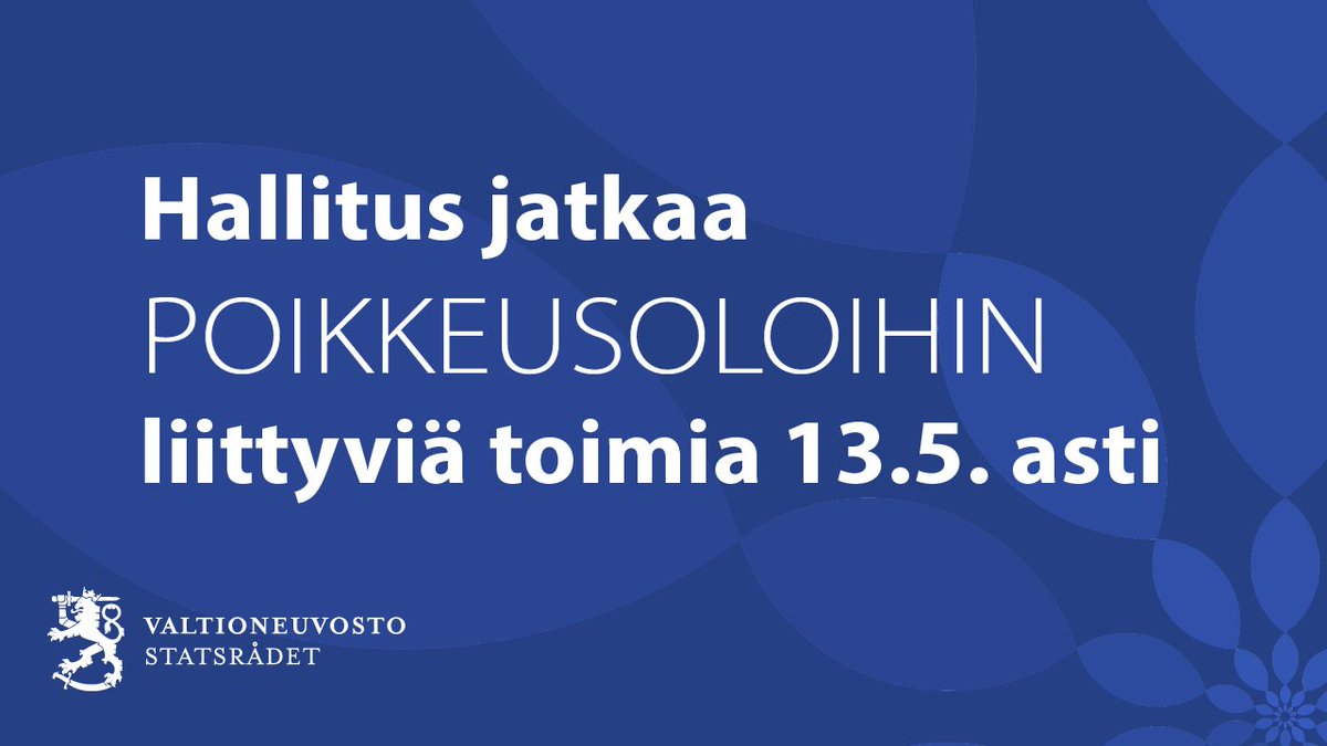 valtioneuvosto's tweet photo. Hallitus päätti tänään jatkaa koronavirustartuntojen leviämisen hidastamiseksi ja riskiryhmien suojelemiseksi aiemmin päätettyjä rajoitustoimia 13.5.2020 saakka. 

Hallitus antaa uudet käyttöönottoasetukset eduskunnalle huomenna. 

Tiedote: https://t.co/rPJG2Xbwu2 https://t.co/AXslpZZVz3