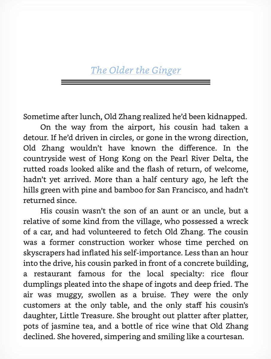 3/30/20: "The Older the Ginger" by  @vanessa_hua, published in her collection DECEIT AND OTHER POSSIBILITIES, republished in 2020 by  @CounterpointLLC. Available online as "Uncle, Eat" at  @LAReviewofBooks:  https://lareviewofbooks.org/article/uncle-eat-vanessa-hua/