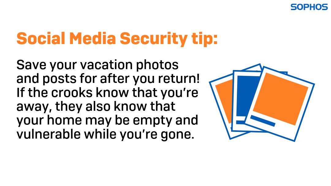 It's tempting to share those beautiful photos and videos while you're on vacation... But it's actually more secure to wait until after. 🔒

See more advice: nakedsecurity.sophos.com/2019/07/05/5-t…