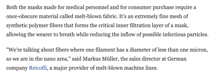 Wanna know what makes mask manufacturing so special? MELT-BLOWN FABRIC. Unfortunately, not something that you find at your local craft store. Here's a story by  @EmilyZFeng and  @Amy_23_Cheng @ 15/n  https://www.npr.org/sections/goatsandsoda/2020/03/16/814929294/covid-19-has-caused-a-shortage-of-face-masks-but-theyre-surprisingly-hard-to-mak