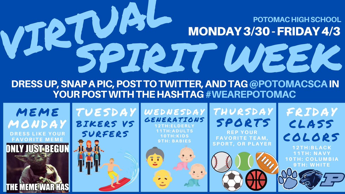 PotomacASA's tweet photo. It’s Virtual Spirit Week 🎉💙🖤 LETS PARTICIPATE, ITS LITTT !!!#WeArePotomac #BlueBloodNation @PotomacSALC @PotomacYearbook @PotomacSCA @PanthersOf2020 https://t.co/psj5Y5z54s