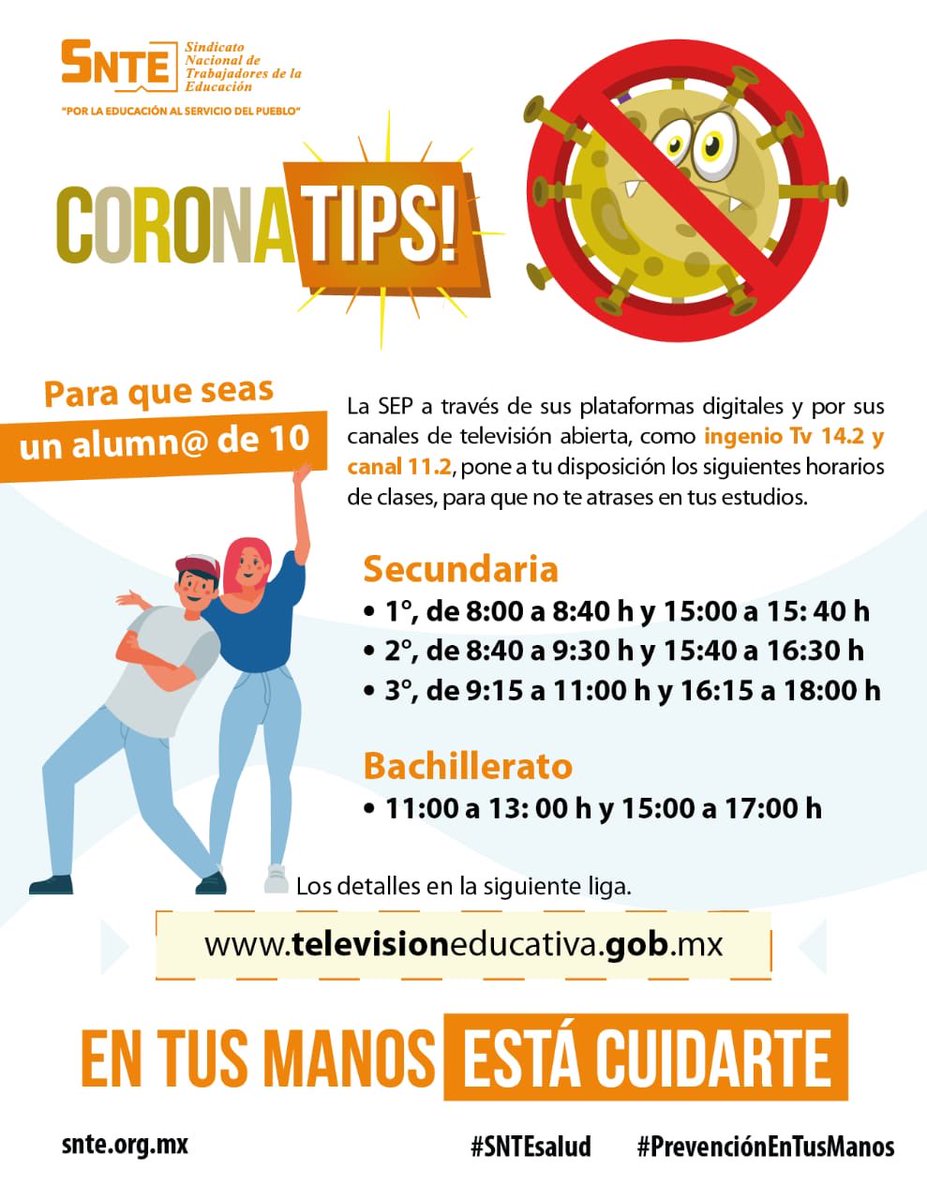 ara07071419's tweet photo. #SNTEsalud ⚕ 

🏫 En este receso escolar no dejes de estudiar 👨‍💻 Sé un alumno de 💯✅ Checa este #CoronaTip 💡 Ve los horarios 🕙 y alista tu cuaderno 📝 https://t.co/l5JQUM00Vz