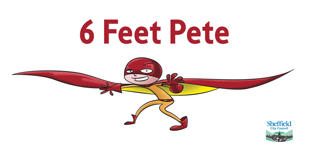 SheffCouncil's tweet photo. Here's 6 Feet Pete! Rita's friend, his 6 foot cape protects him and his friends from the evil Colonel Coronavirus. Help Pete, ask your kids to pretend they have a huge invisible cape keeping them safe when they're outside. #6ftPete #socialdistancingforkids #stayhomesheff https://t.co/xXmYXhAo5L