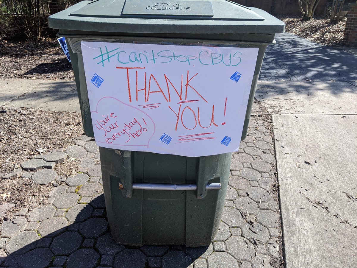 ColumbusDPS's tweet photo. #CantStopCbus Check out this creative thank you that greeted one of our refuse drivers on their route!  What a great way to support our #CBUSEverydayHeroes while we social distance. Let’s keep this going!  Tweet us your #TrashCanSalute https://t.co/2mu3QLRBkq