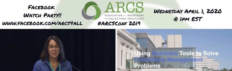Arcs4All's tweet photo. Have some time on April 1st at around 1pm EST? Join us over at the ARCS Facebook page for a Facebook Watch Party of the #ARCSConf 2019 session "Using Business Tools and Strategies to Create Collections Management Processes"! For info and to watch ----> https://t.co/8gBrkrtwiS https://t.co/ITlF3D9TgM