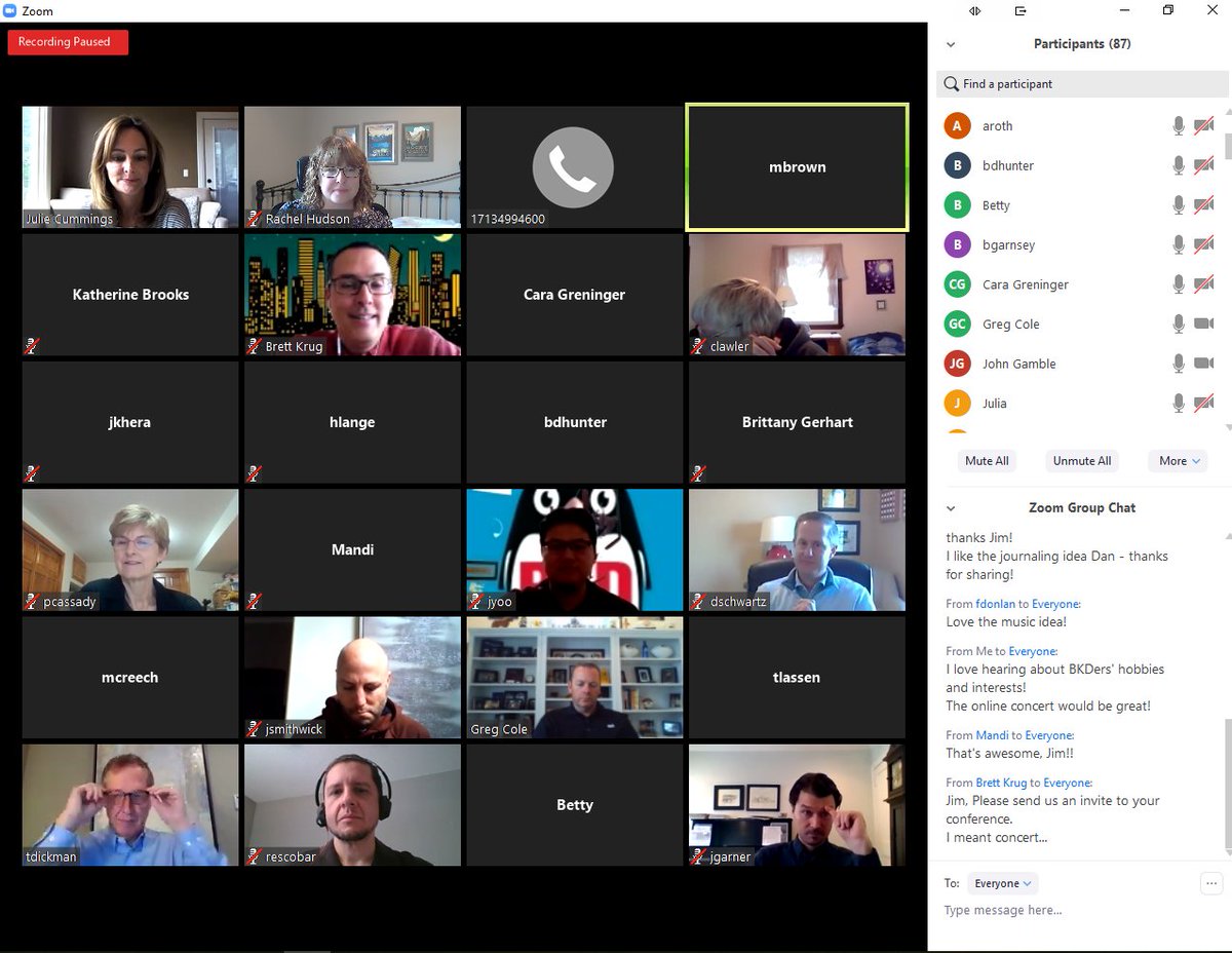 Rachel_HRPro's tweet photo. During #RemoteBKD, it's critical to stay connected. The National Office now has weekly "Mocha Monday" conversations and @snazzyhr led our first discussion on managing anxiety &amp; promoting a positive outlook. It was so wonderful to see fellow BKDers' faces and hear their advice. https://t.co/6Ov852PV5Y