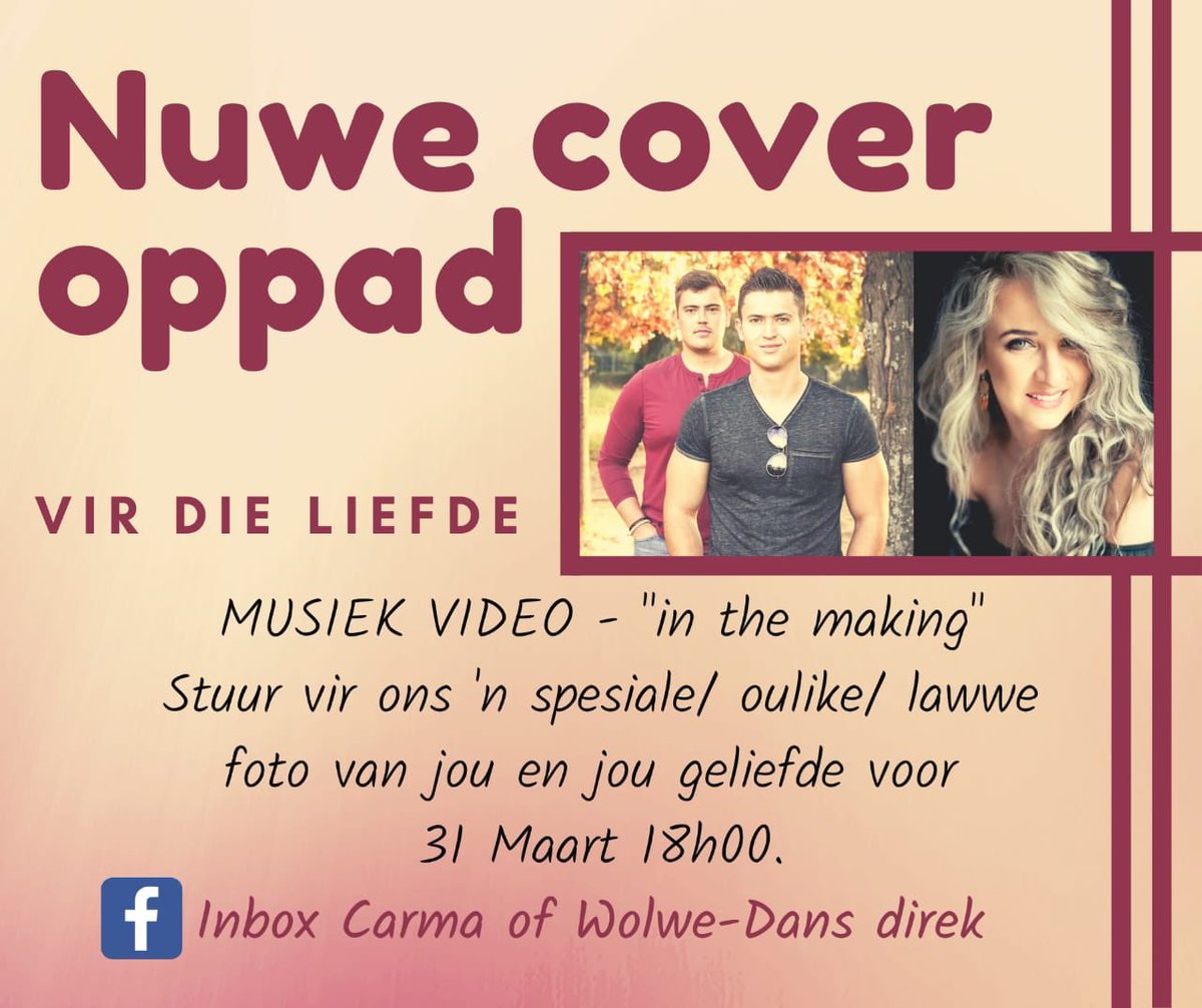 'n Nuwe cover is oppad wat ons en <a href="/Carma_live_/">Carma Artist</a> opgeneem het al 'n rukkie terug. 
Stuur vir ons 'n foto van jou en jou geliefde wat ons graag wil gebruik in ons musiek video. Inbox dit asb vir ons of <a href="/Carma_live_/">Carma Artist</a> 
Julle het kans tot môre (31 Maart 18h00). 
#watchthisspace