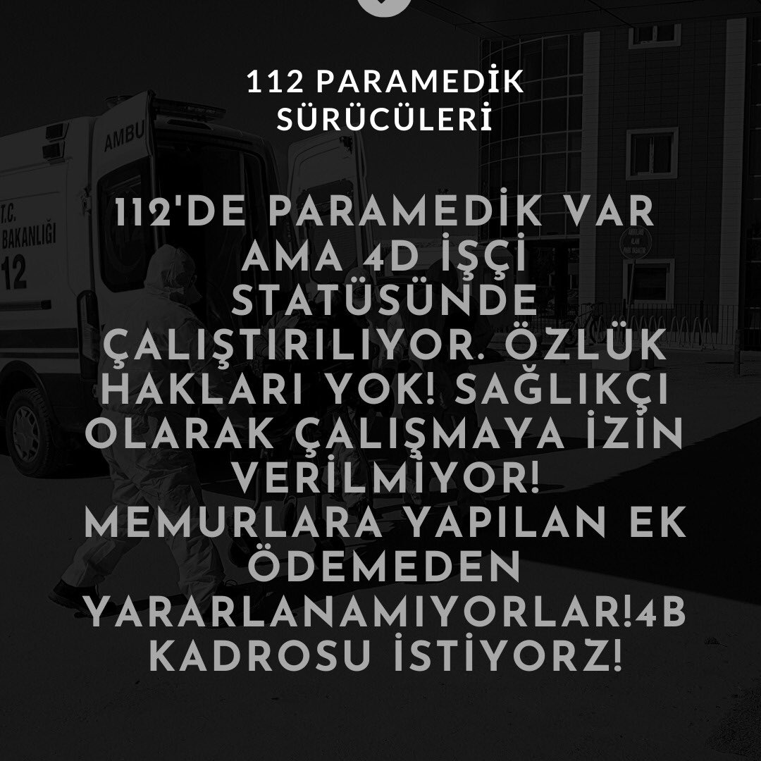 @prm_surucu <a href="/prmsurucu/">passion</a> <a href="/saglikbakanligi/">T.C. Sağlık Bakanlığı</a> <a href="/drfahrettinkoca/">Dr. Fahrettin Koca</a> <a href="/haluklevent/">Haluk Levent ( Ahbap Ekibi )</a> <a href="/seferaycan/">Prof. Dr. Sefer Aycan</a> <a href="/acilafetgovtr/">T.C. Sağlık Bakanlığı Acil Sağlık Hizmetleri</a> —Asgari ucret aliyoruz—
- Diplomamiz VAR !
- Hastaya mudahale hakkimiz YOK !
-Yol parasi YOK!
-Yemek YOK !
-Yemek parasi YOK ! 
-Kıyafet  YOK ! 
- ve daha nice sorunlar!!!!!

112Saglikci SurucuMagdur