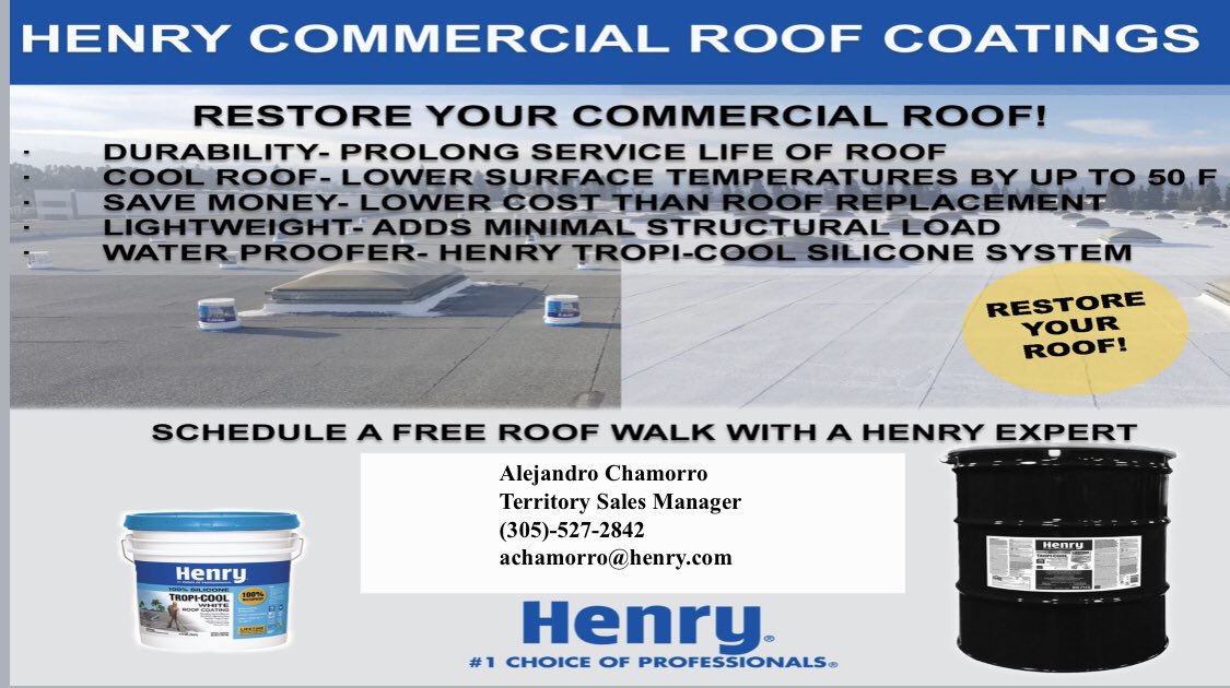 AlexC_HenryCo's tweet photo. Ask me how @TheHenryCompany can help you #StopRoofLeaks with #HenryTropicool. I give Free Roof Walks to help customers #Waterproof their commercial buildings. #Exclusive to #HomeDepot! @lilliemay78 @THD_Elizabeth @jlandrumTHD https://t.co/XeYd3YMPZV