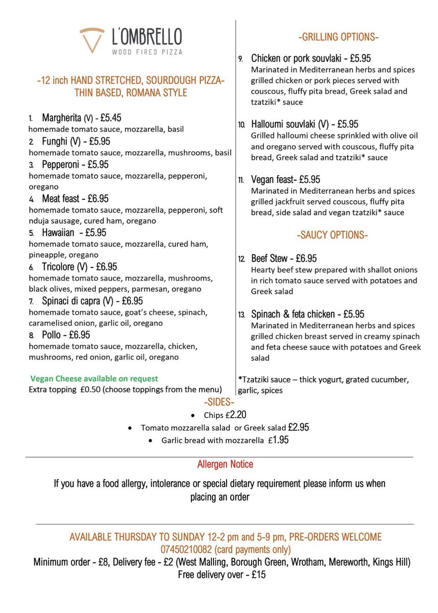 lombrelloltd's tweet photo. In light of the current situation, we’re shifting our business model to local hot food deliveries.The delivery service will be NON CONTACT-contactless card payments only,ensuring 2m distance at all times. 
#wrotham #westmalling #boroughgreen #offham #kingshill #mereworth #pizza https://t.co/y67ukISAgB