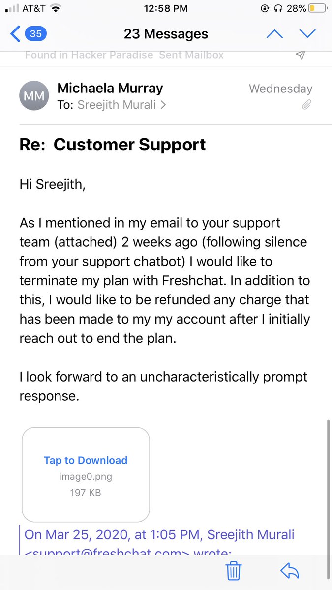 murray_michaela's tweet photo. @freshchatapp @FreshworksInc @EliHarris88 Another email that’s been ignore since Wednesday @freshchatapp @FreshworksInc UNBELIEVABLE https://t.co/LbbBMbXf4o