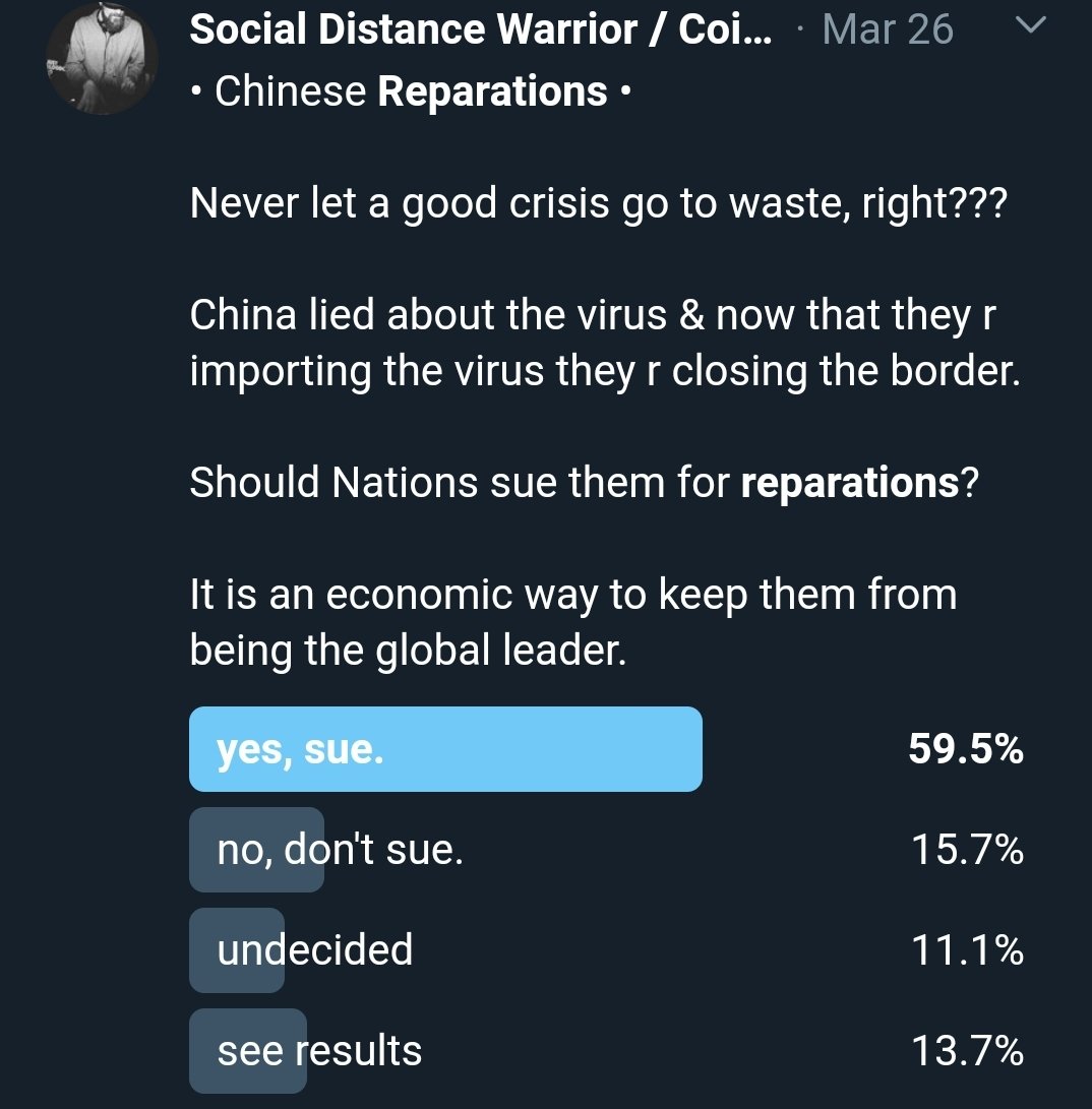 Uh-ohWill the world sue China for Coronavirus damages? I'm following this one closely.