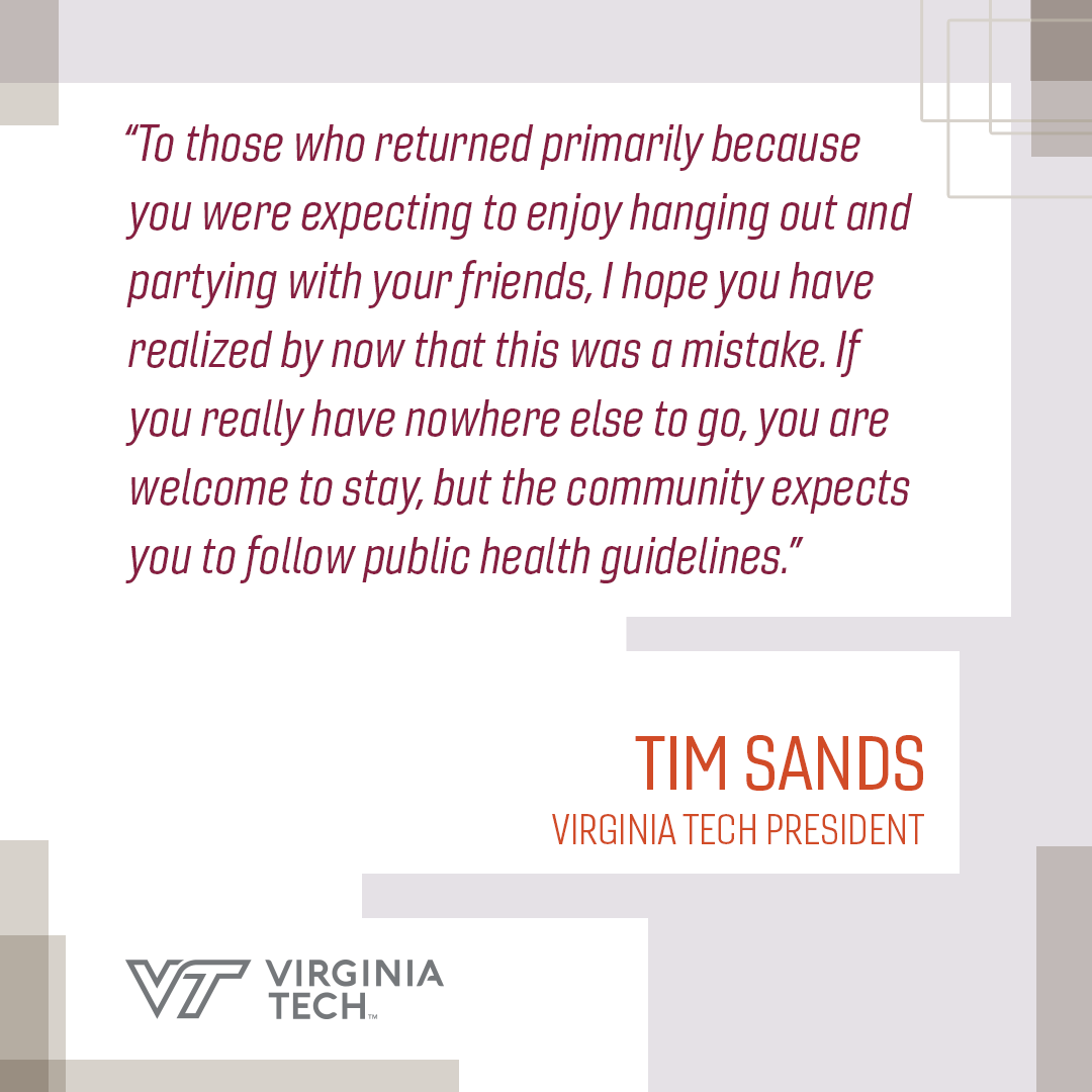 About 60 percent of our off-campus student population left the area, but for those who remain — this #COVID19 message from <a href="/VTSandsman/">Timothy D Sands</a> is for you.
👇 👉fal.cn/37kYS
