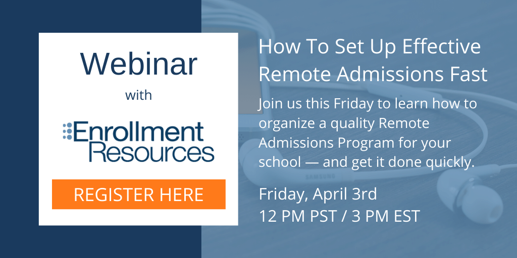 more_students's tweet photo. Learn how to organize a quality #RemoteAdmissions Program for your school — and get it done fast! Register for the webinar this Friday at 12 pm PST/3 pm EST. https://t.co/a3us0y34EK
#admissions #highered #hemktg https://t.co/IE9OdUEVB3