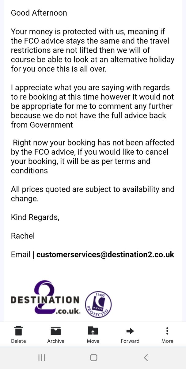 <a href="/destination2uk/">Destination2</a> are still not offering refunds to Key Workers who can't reschedule holidays affected by Covid-19. They are insisting we pay the remainder of our balance of £5,000. Absolutely awful customer and we are about to loose £11,000! <a href="/ATOLprotected/">ATOL</a> <a href="/BBCWatchdog/">BBC Watchdog</a> <a href="/itvnews/">ITV News</a>