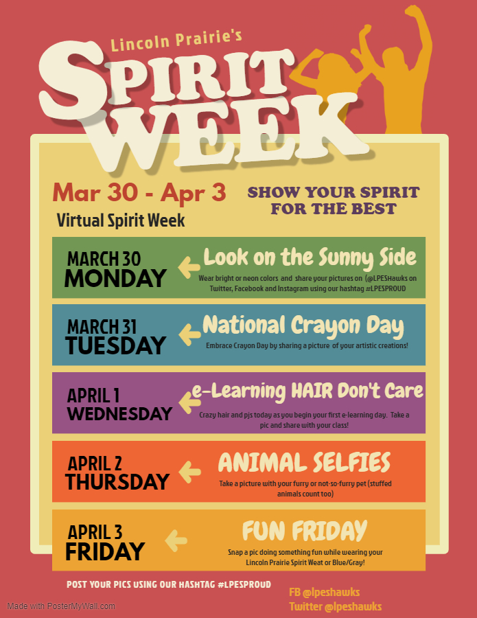 LPESHawks's tweet photo. Look on the Sunny Side -- wear your bright or neon colors and share a picture with our learning community on any of our social media platforms (FB, Twitter or Insta (lpeshawks) #LPESPROUD #LPESKeepsLearning @CUSD300 @FredHeidD300 https://t.co/IVImAoFHay