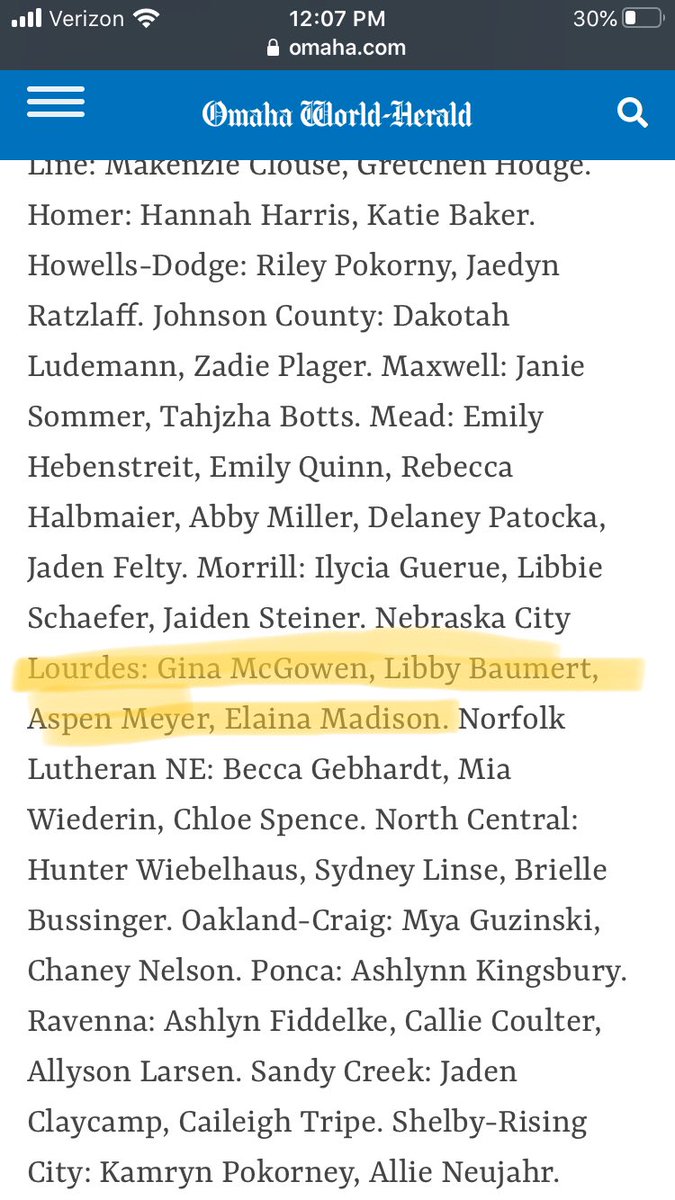 Congrats to Gina, Libby, Aspen, and Elaina for earning class C-2 honorable mention all state in the Omaha World Herald!