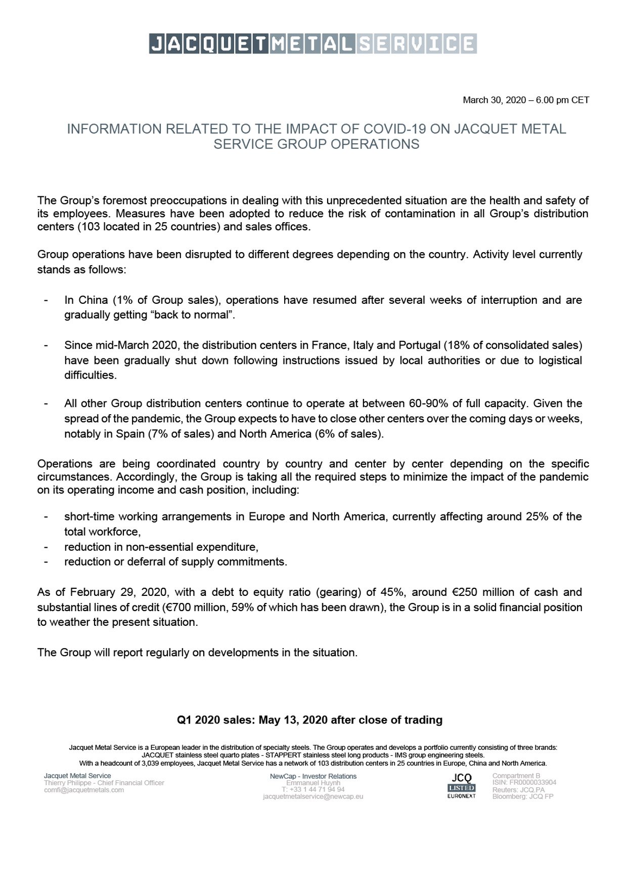 Jacquetmetals Information Related To The Impact Of Covid 19 Jacquetmetals Information Related To The Impact Of Covid 19