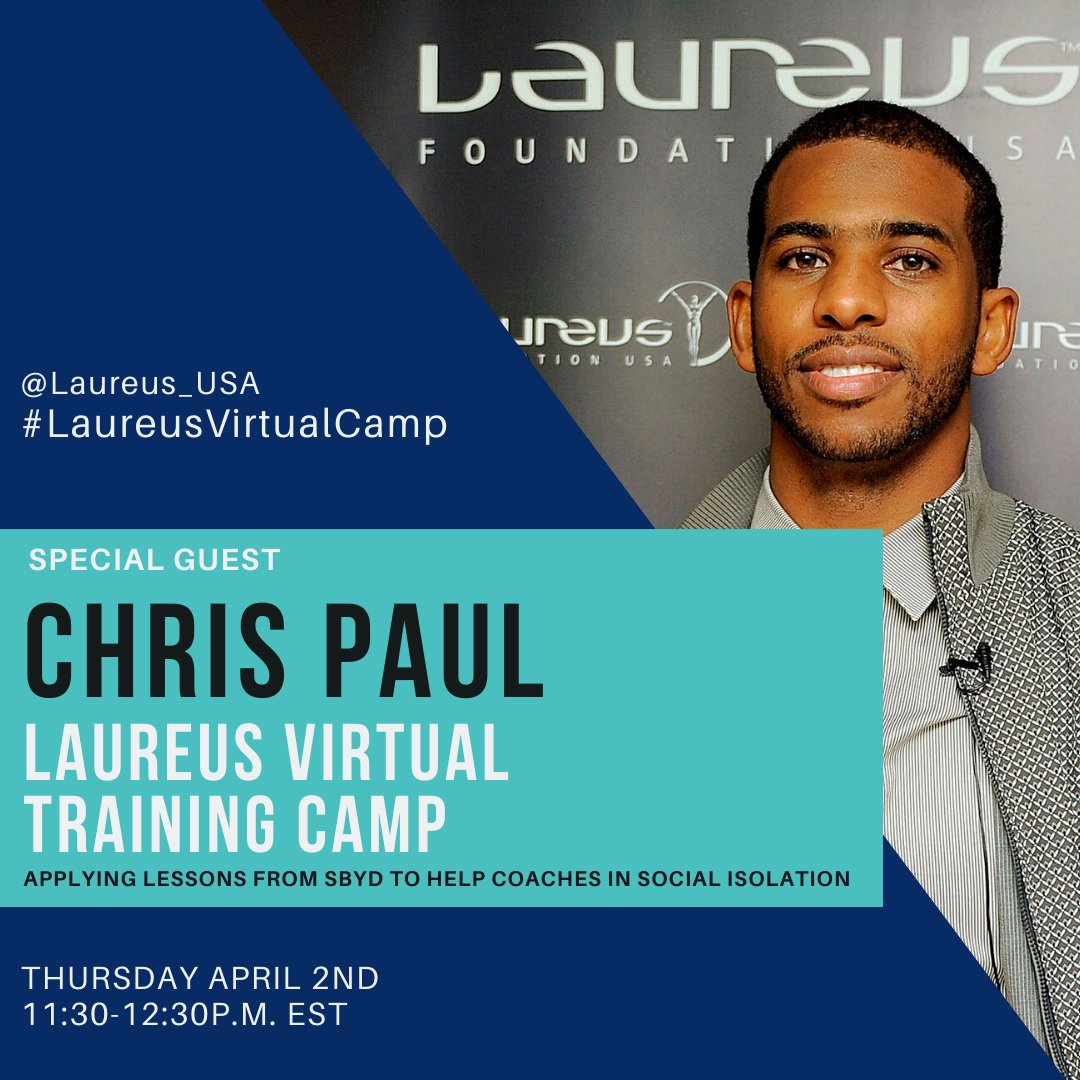 Laureus_USA's tweet photo. We're excited to kick off our #LaureusVirtualCamp series, led by @Up2UsSports, with guest speaker @CP3. This week we'll discuss lessons fm #SYBD to help coaches during this time of #socialisolation! See you there! https://t.co/Wio1Obmb6a https://t.co/ePV0tci8Lg
