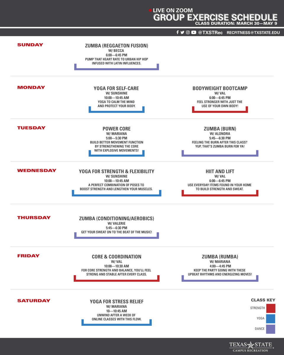 Now that classes are back (online), we want to make sure all of our Bobcats are staying healthy and moving! Here's the newest Group Exercise Schedule, we'll be going live on Zoom everyday. Follow the link in our bio for instructions on how it works.

#txst #eatemup #fitfromhome