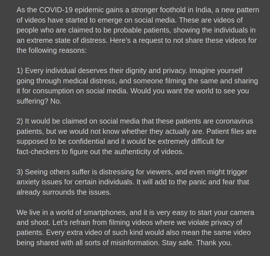 A new pattern of videos have begun to emerge on social media. These are videos of people who are claimed to be probable COVID-19 patients, showing the individuals in an extreme state of distress. Here’s a request to not share these videos for the following reasons: