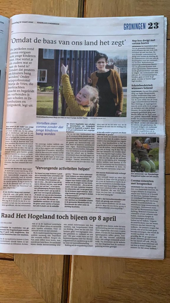 Vertellen over Corona zonder dat jonge kinderen bang worden. Collega’s Marja de Vries en Roxanne Schrijver vertellen erover in <a href="/dvhn_nl/">Dagblad van het Noorden</a>