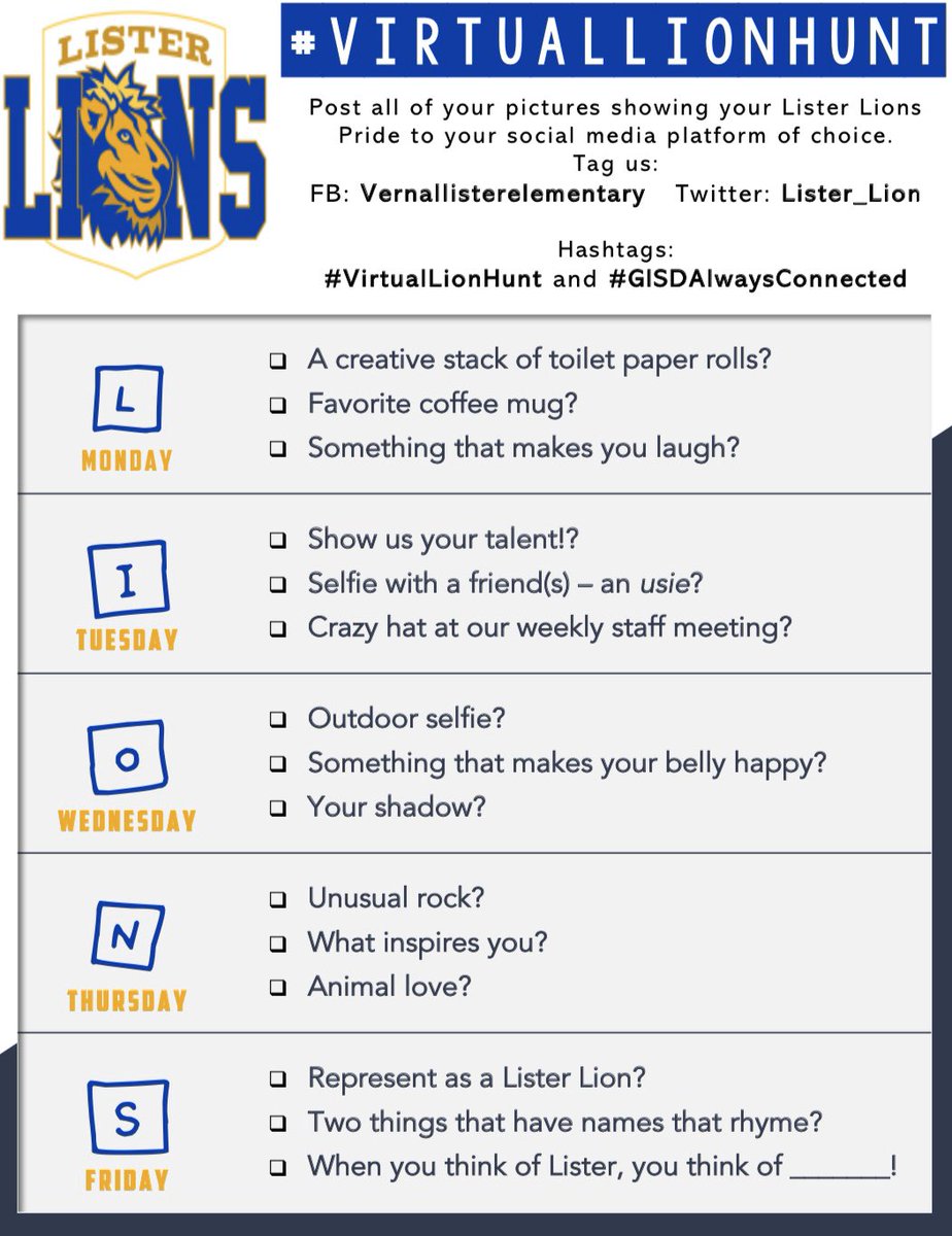 Lister_Lions's tweet image. We’re going on our first ever virtual scavenger hunt!!! #Virtuallionhunt #GISDAlwaysConnected #funners