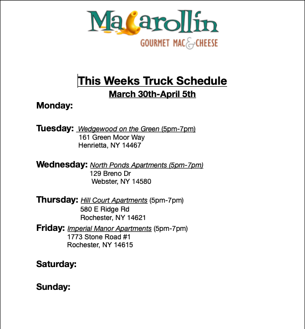 Macarollin's tweet photo. Our Truck schedule for the week https://t.co/tnMGUnKtx7
