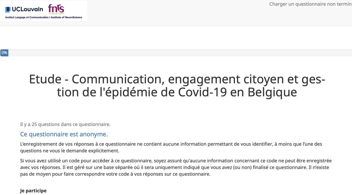 Grande enquête interdisciplinaire (<a href="/Greg_Lits/">Grégoire Lits</a>, @Amelaaay, <a href="/AlexandreHeeren/">Alexandre Heeren</a> &amp; B. Hanseeuw; de @UCLouvain_be &amp; <a href="/frsFNRS/">F.R.S.-FNRS</a>) sur le rôle de la communication et de l'information dans la gestion de la pandémie #COVID19 en #Belgique: 
 limesurvey.uclouvain.be/limesurvey319/… …

#CORONAVIRUSBELGIQUE