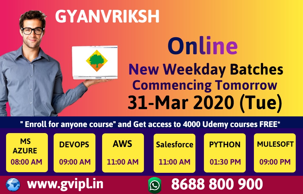 Gyanvriksh's tweet photo. NEW WEEKDAYS ONLINE BATCHES scheduled on 31-Mar(TUE)
#Azure-8:00 AM
#DevOps 9:00 AM
#AWS-11:00 AM
#Salesforce-11:00 AM
#Python-1:30 PM
#Mulesoft-11:00 PM
https://t.co/NSgvtKMFUk
Enroll and get access to 4000 courses FREE from Udemy
Gyanvriksh
8688800900 https://t.co/5qWvATQymL
