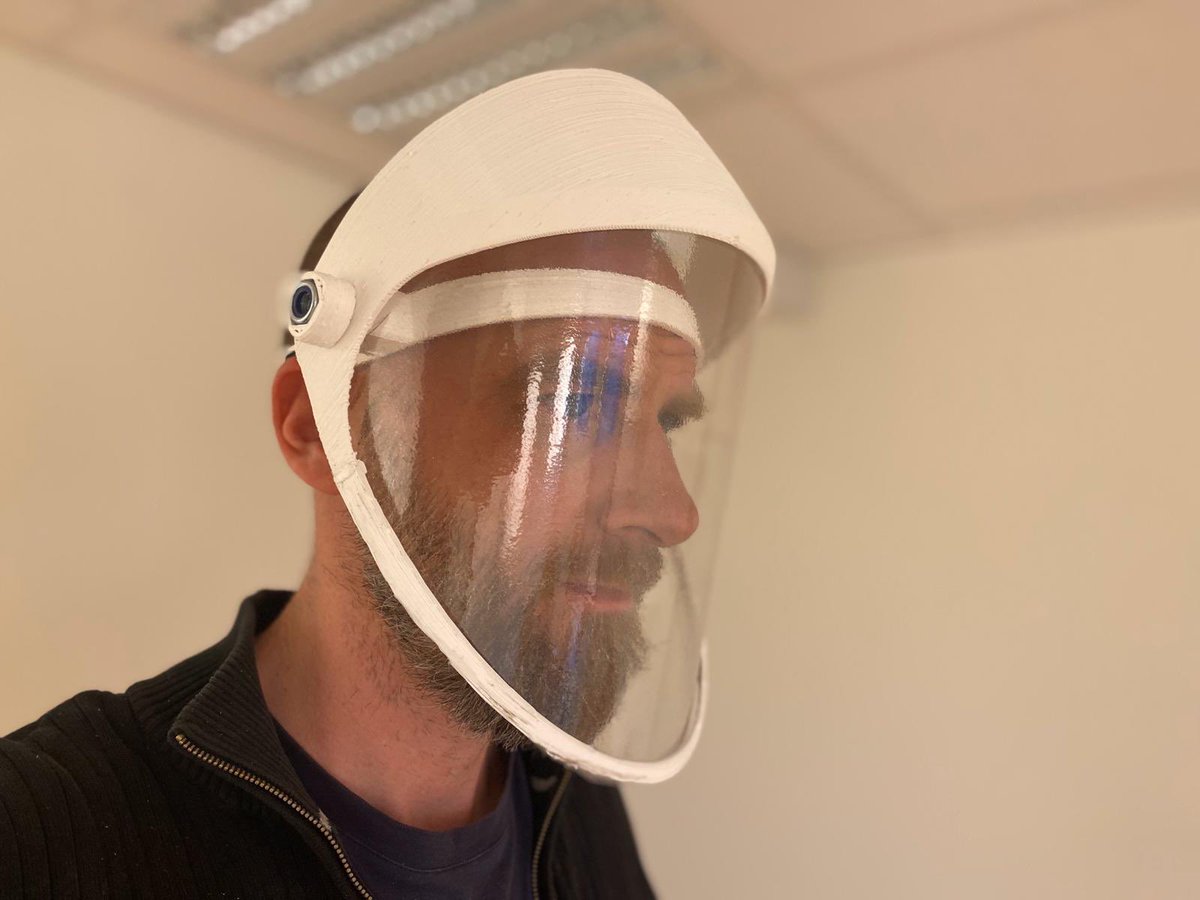 shervin's tweet photo. Progress. Metal screws in alpha print will be replaced with plastic printed screws. I wanted tilt up and down. 1.5 hours to print. If we get 1,000 volunteer 3D printers to join @HealthOSnetwork and @wompxyz we could print estates 5-10k face shields per week. https://t.co/HP3soAzHru