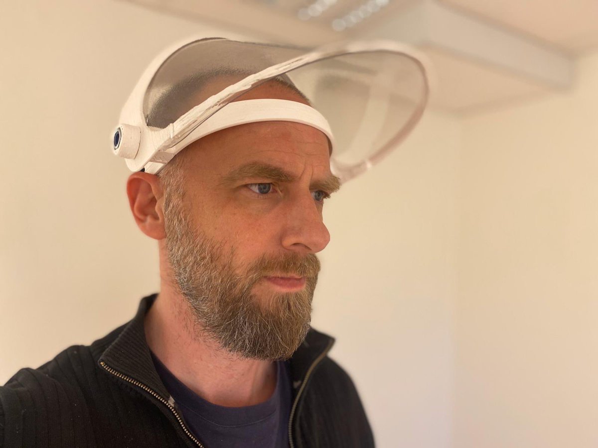 shervin's tweet photo. Progress. Metal screws in alpha print will be replaced with plastic printed screws. I wanted tilt up and down. 1.5 hours to print. If we get 1,000 volunteer 3D printers to join @HealthOSnetwork and @wompxyz we could print estates 5-10k face shields per week. https://t.co/HP3soAzHru