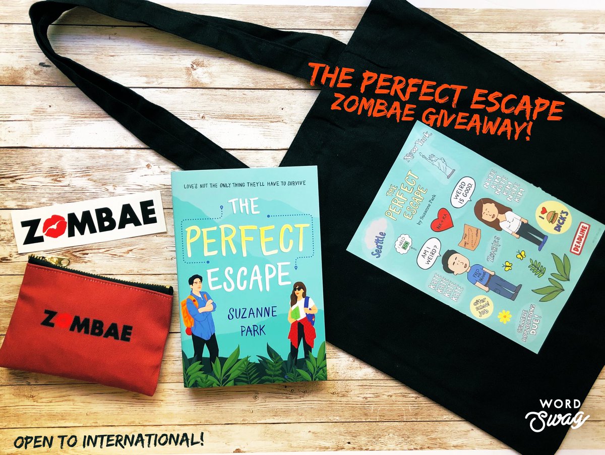 suzannepark's tweet photo. ⭐️✨THE PERFECT ESCAPE ZOMBAE GIVEAWAY✨⭐️

My #ownvoices YA book comes out next week— final giveaway!

If you need some fun 🧟‍♂️ &amp; 👩‍❤️‍👨 distractions, enter to win:
*a signed copy
*tote
*ZOMBAE sticker+pouch

RT+F to enter, tag a friend for bonus entry, ends 4/3. Boosts appreciated💛 https://t.co/H3dkrEIdlZ