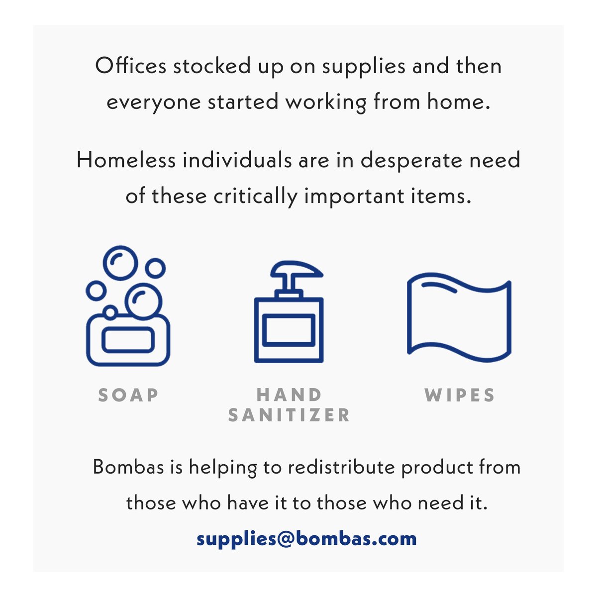  @Bombas, founded by  @babsonalumni Eric Medsker David '05 and Andrew Heath MBA'12, is helping to redistribute new, unused product from those who have it to those who need it. Have access to excess? Email supplies@bombas.com for help getting it moved.