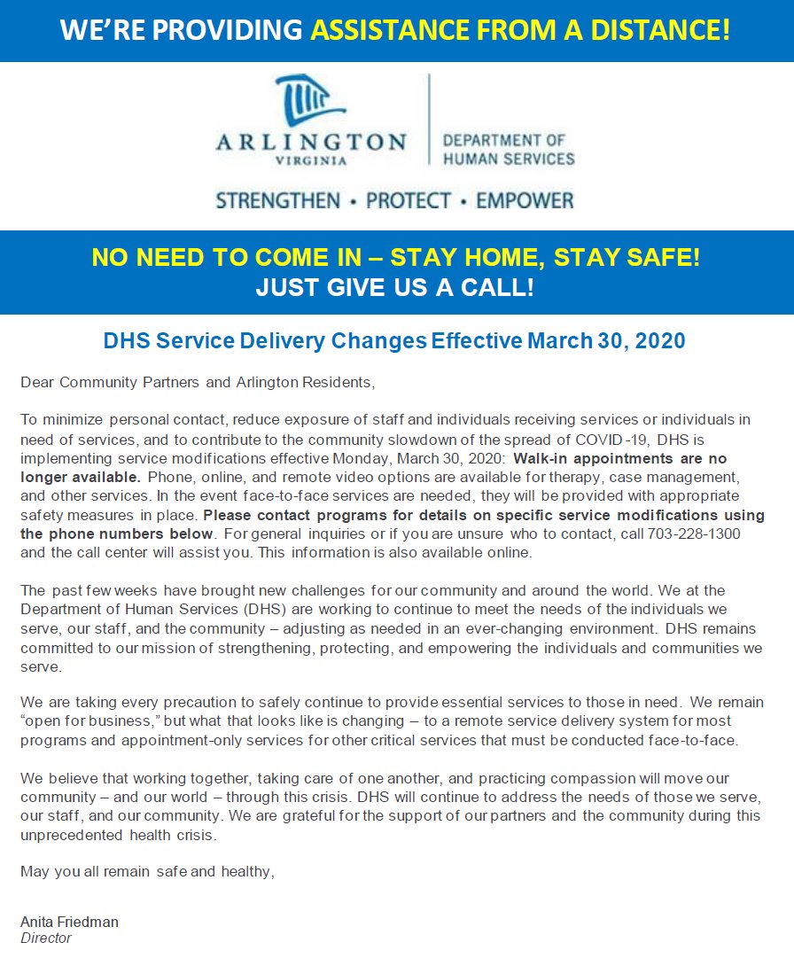 Important information for Arlington Families regarding DHS services effective March 30th.  #StayAtHomeAndStaySafe