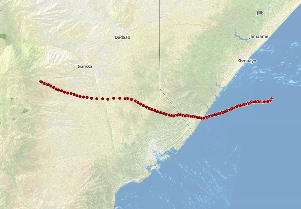 stratoballoon's tweet photo. More #ProjectLoon balloons moving towards #Kenya in the last hours. 

While #HBAL092 is already above the center of the country, three more balloons are moving towards the continent near Seychelles: #HBAL093, #HBAL125 and #HBAL126 https://t.co/cFVoknI641