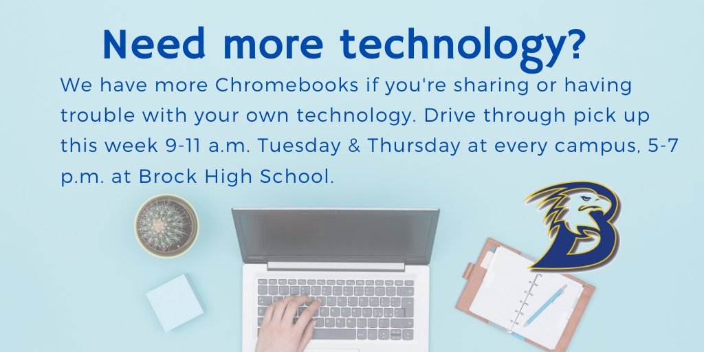 BrockIndSchDist's tweet photo. Need more technology? Are you sharing or having trouble using your own technology device for home learning? 
No need to contact the district or your child's teacher ahead of time. We will see you tomorrow and Thursday for drive through pickup. 

#brockisd #everyonematters https://t.co/63bwjCpZ2K