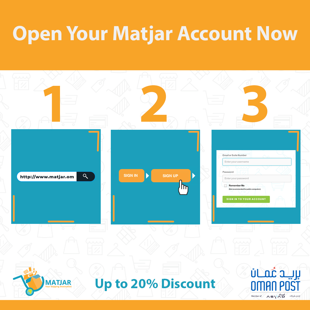 oman_post's tweet photo. Why Choose #Matjar? Signing up on https://t.co/dVNSt4h6XJ is free. You will receive your U.S. shipping address from day one and will be able to start shopping right away🛒 https://t.co/HniC74PSYv
