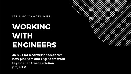 (TODAY @ 3 PM: unc.zoom.us/j/314762715) We'll be talking with 2 <a href="/DCRPcarolina/">Carolina Planning</a> alumni transportation professionals about how engineers &amp; planners work together in transportation projects and the role planners play in the process. <a href="/ITE_Carolina/">ITE UNC Chapel Hill</a> <a href="/ite_ncstate/">NCSTATE ITE-ASHE-AREMA</a> <a href="/ITEhq/">ITE - Community of Transportation Professionals</a> <a href="/NCSITE_Sec/">NC Section - ITE</a>